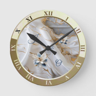 White & light-blue Silky Flowers on a Silk look  Round Clock
