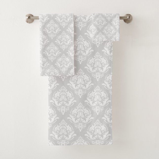 White & Light Gray Floral Damasks Pattern Bath Towel Set (Insitu)