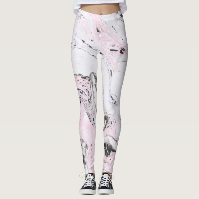 White Light Pink & Grey Marble Swirls Leggings (Front)