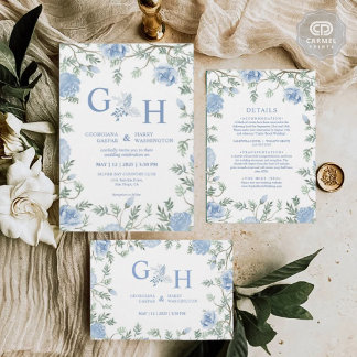 White Light Soft Paste Blue Flowers Floral Wedding Invitation