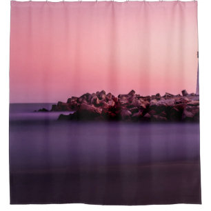 WHITE LIGHTHOUSE ON ROCKY SEASHORE SHOWER CURTAIN