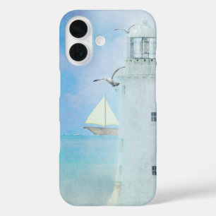 White Lighthouse With Sailboat iPhone 16 Case