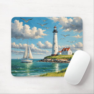 White Lighthouse With Sailboat Mouse Pad