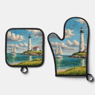 White Lighthouse With Sailboat Oven Mitt & Pot Holder Set