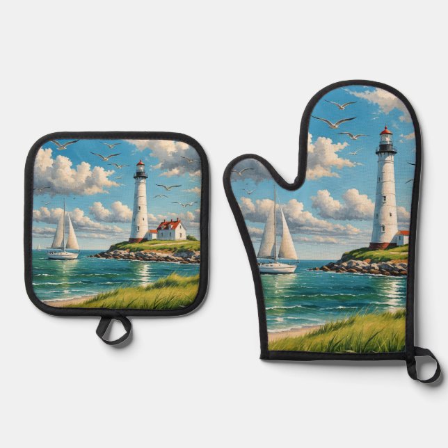 White Lighthouse With Sailboat Oven Mitt & Pot Holder Set (Front)