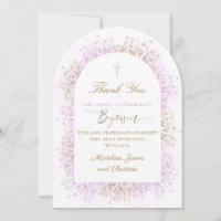 white lilac flowers Baptism thank you card