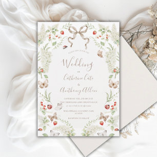 White Lilacs Greenery Ribbon Whimsical Wedding Invitation