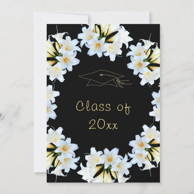 White Lilies Black Graduation Invitation Example (Back)