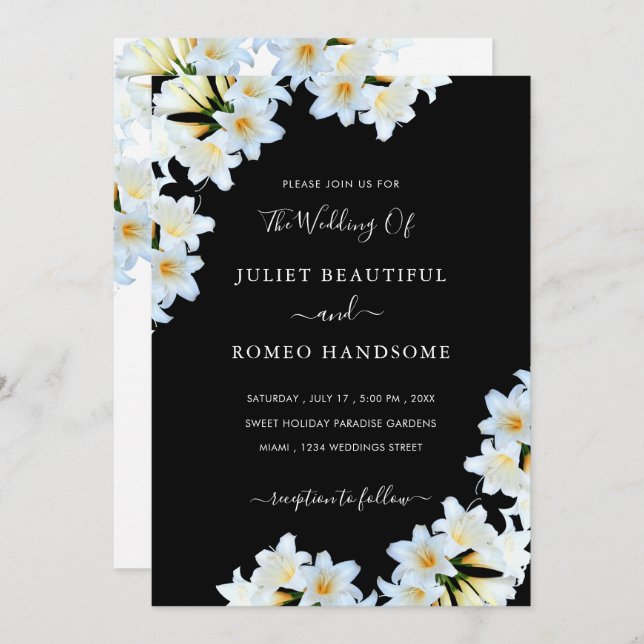 White Lilies Black Wedding Invitation Example (Front/Back)