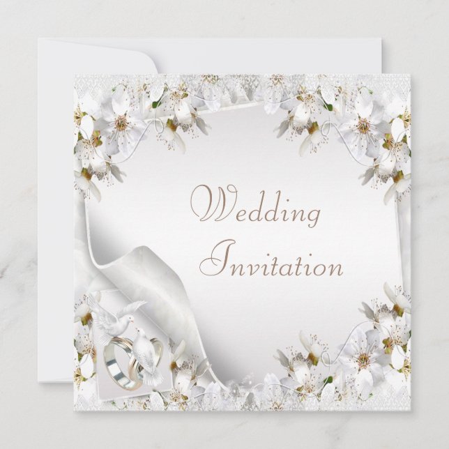 White Lilies, Doves & Wedding Bands Wedding Invite (Front)