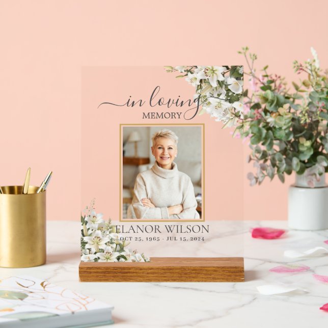 White Lilies Floral Funeral Celebration of Life Acrylic Sign (Wedding)