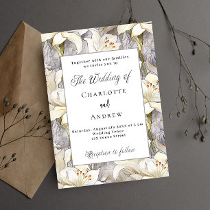 White lilies florals silver retro luxury wedding invitation