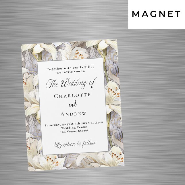White lilies florals silver retro luxury wedding magnetic invitation (Creator Uploaded)