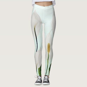 White Lilies Flowers Blue Seamless Leggings