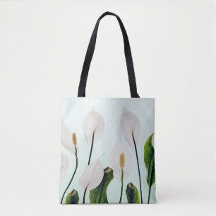 White Lilies Flowers Blue Seamless Tote Bag