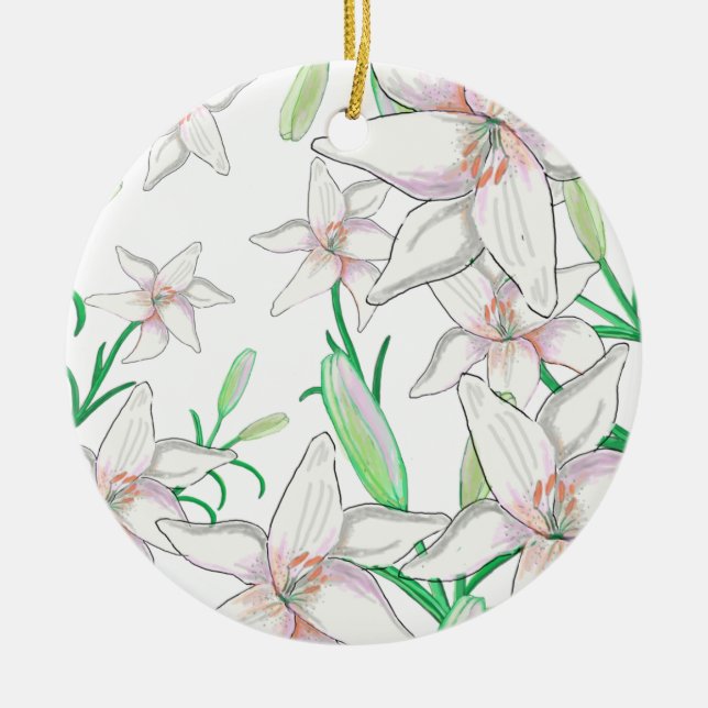 White Lilies Illustration    Ceramic Ornament (Front)