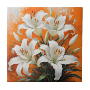 White lilies illustration ceramic tile