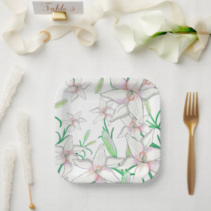 White Lilies Illustration Paper Plate