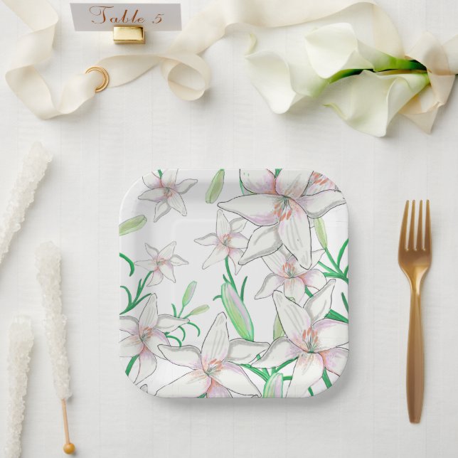 White Lilies Illustration  Paper Plate (Wedding)