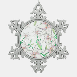 White Lilies Illustration Snowflake Pewter Christmas Ornament