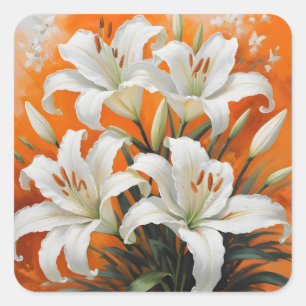 White lilies illustration square sticker