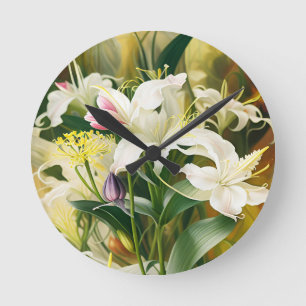 White Lilies in Bloom Round Clock