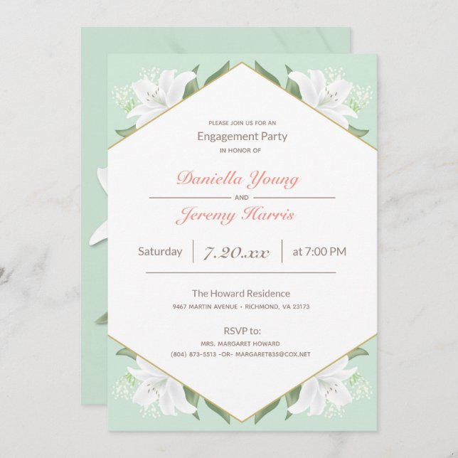 White Lilies & Mild Mint Engagement Party Invitation (Front/Back)
