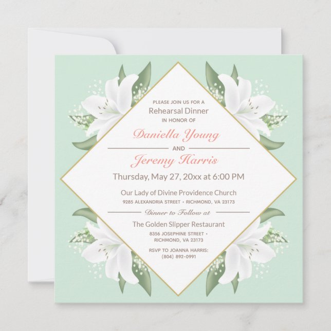 White Lilies & Mild Mint Rehearsal Dinner Invite (Front)