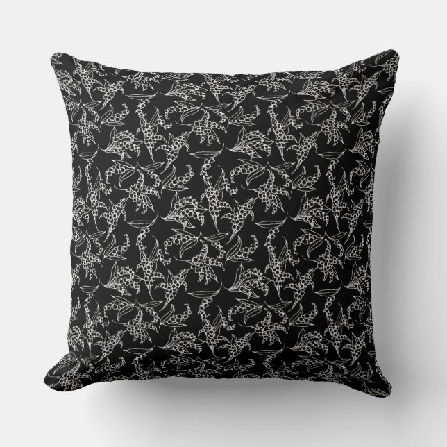 White Lilies-of-the-Valley Pattern on Black Cushion (Front)