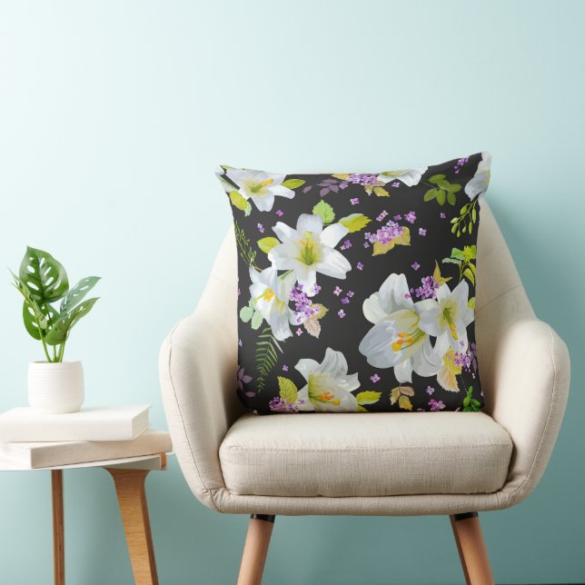 White Lilies on Black Floral Pattern Cushion (Chair)