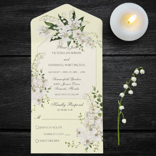 White Lilies on Pale Yellow All In One Invitation