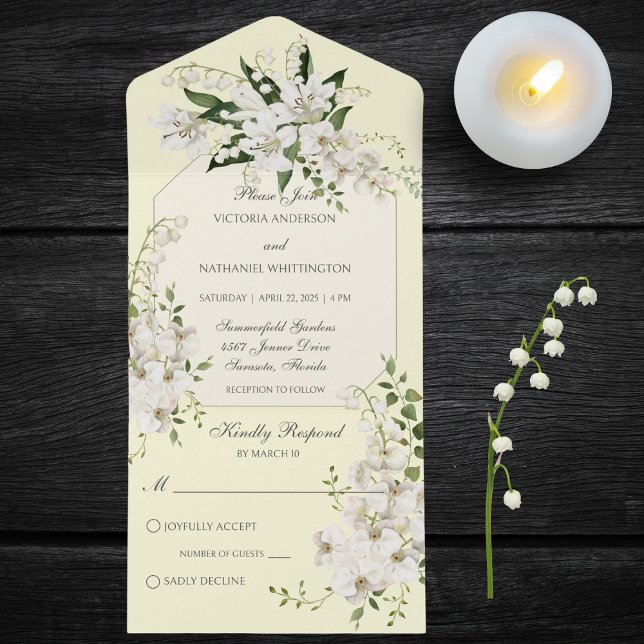 White Lilies on Pale Yellow All In One Invitation (Also available with QR code. )