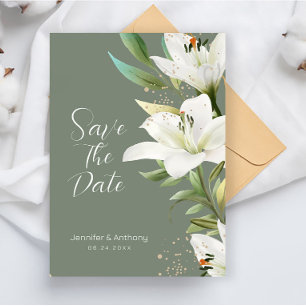 White Lilies on Smokey Green Background Save The Date