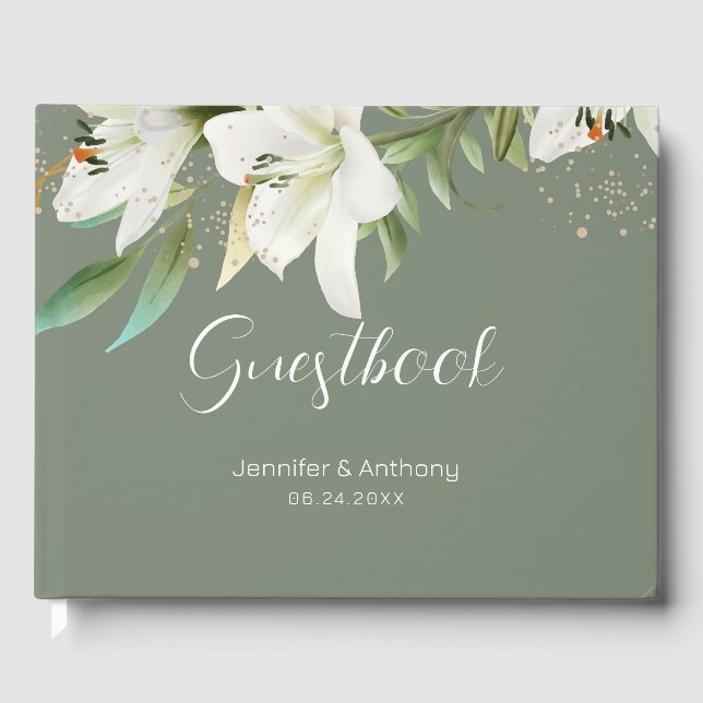 White Lilies Smokey Green Background  Guest Book (Front)