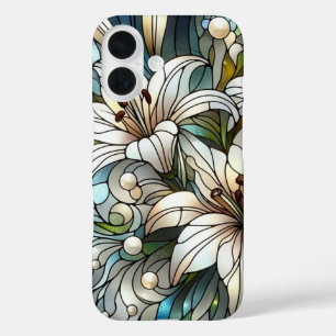 White Lilies Stained Glass Effect iPhone 16 Case