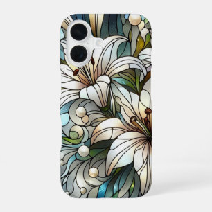 White Lilies Stained Glass Effect iPhone 16 Case