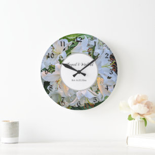 White Lilies Wedding Couple Names Floral Large Clock