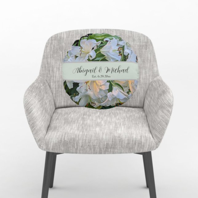 White Lilies Wedding Couple Names Floral Round Cushion (In Situ Chair)