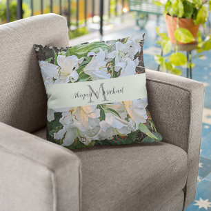 White Lilies Wedding Couple's Names Monogram Cushion