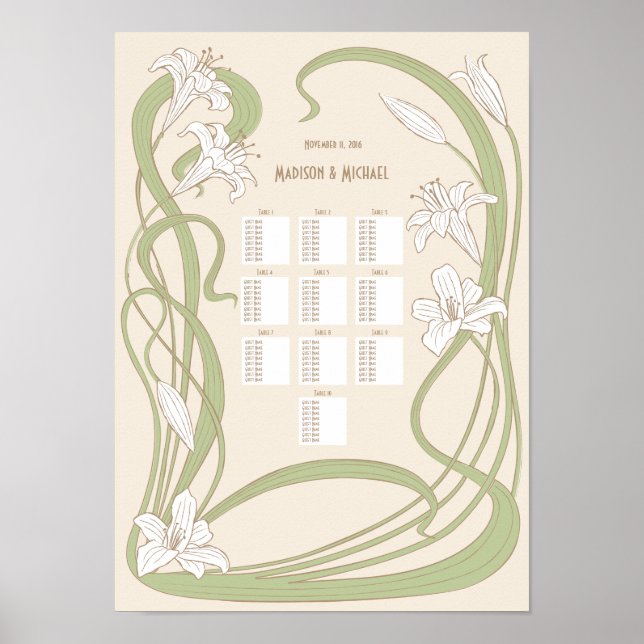 White Lilies Wedding Seating Chart 10 Tables (Front)