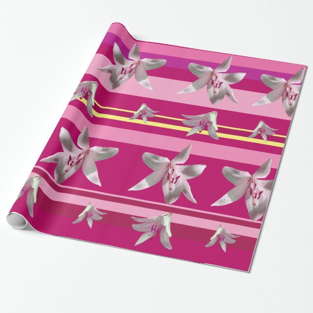 White Lilium Flowers & Stripes Wrapping Paper (Unrolled)