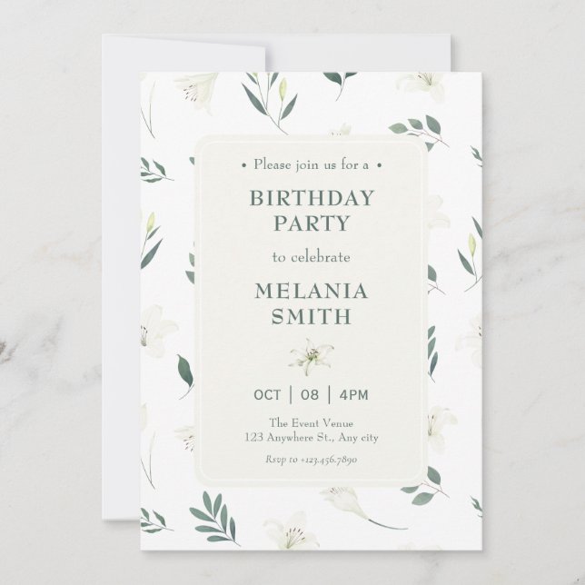 White liliy floral birthday invitation (Front)