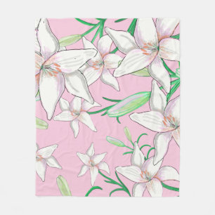 White Lillies on Pink Background Illustration Fleece Blanket