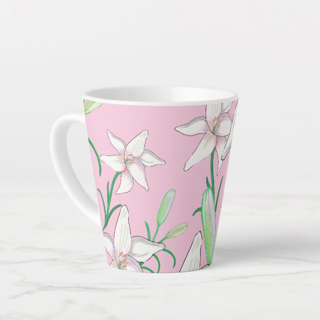 White Lillies on Pink Background Illustration  Latte Mug (Left Angle)