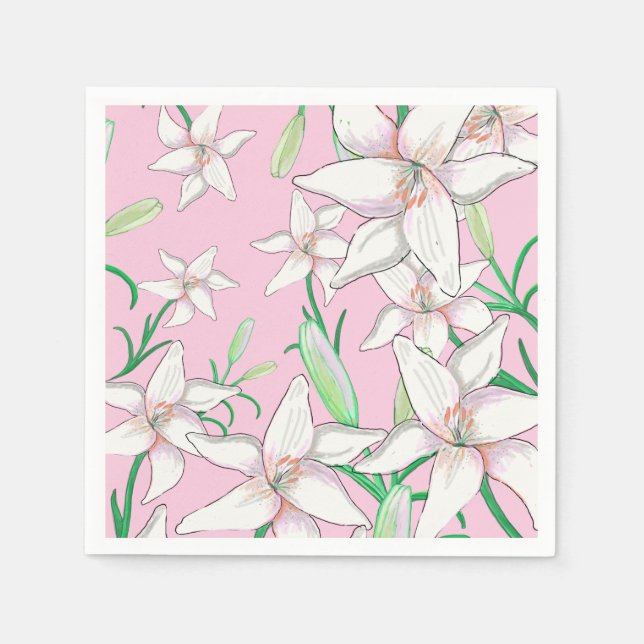 White Lillies on Pink Background Illustration  Napkin (Front)