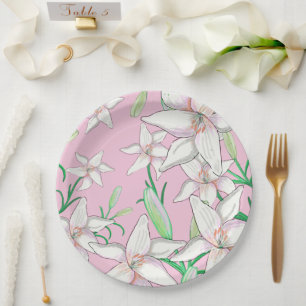 White Lillies on Pink Background Illustration Paper Plate