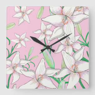 White Lillies on Pink Background Illustration Square Wall Clock