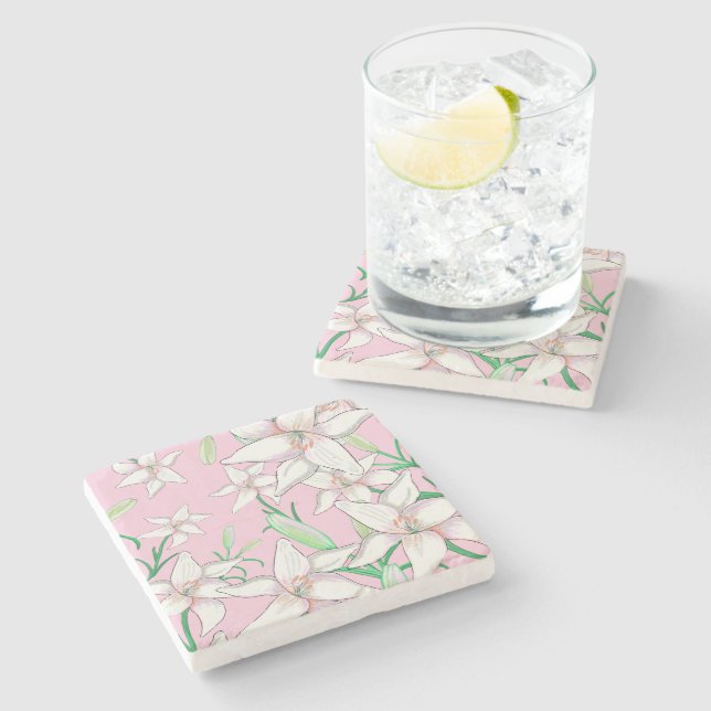 White Lillies on Pink Background Illustration  Stone Coaster (Side)