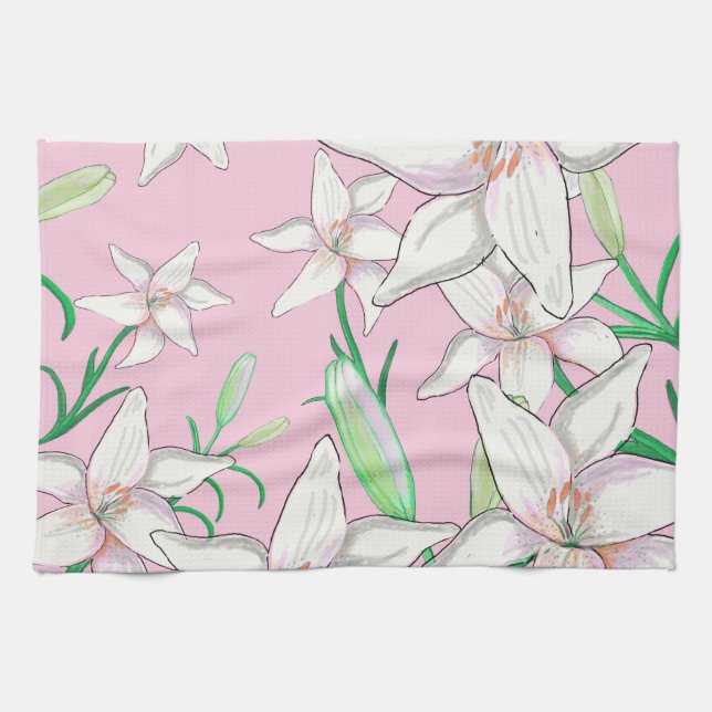White Lillies on Pink Background Illustration   Tea Towel (Horizontal)