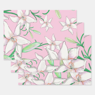 White Lillies on Pink Background Illustration Wrapping Paper Sheet